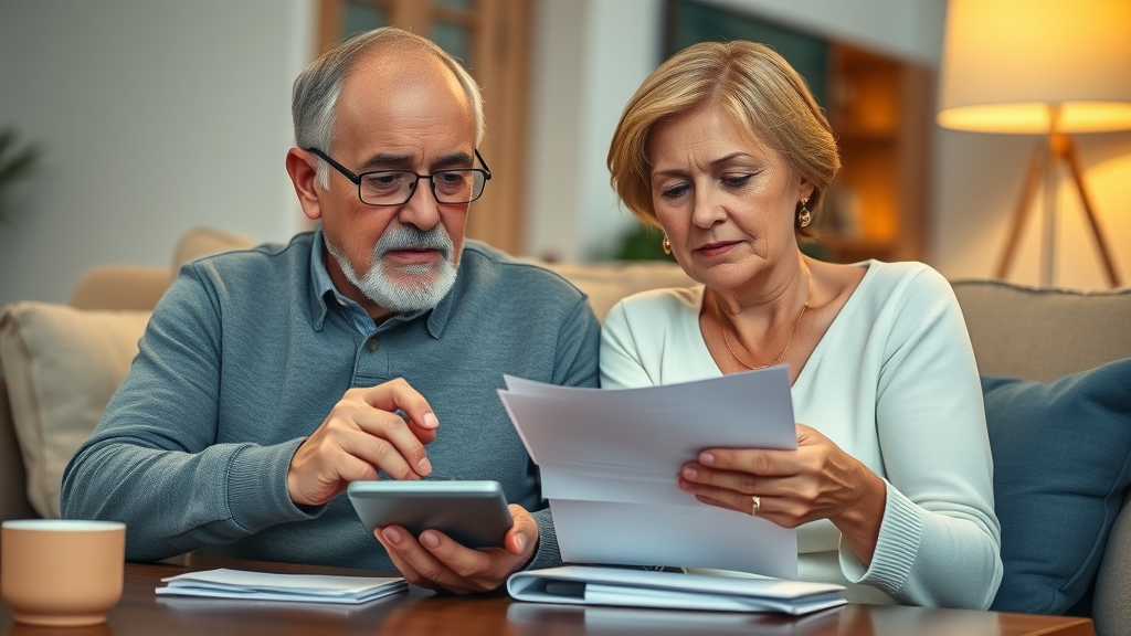 senior couple reviewing Muskegon senior health coverage bills and planning at home