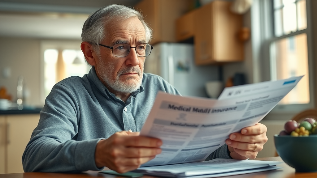 Concerned senior with insurance documents and medical bills at a kitchen table in Muskegon MI, soft morning light, stressed expression
