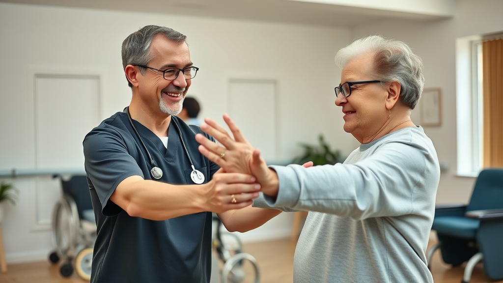 Muskegon home healthcare physical therapist guiding senior in home rehabilitation environment