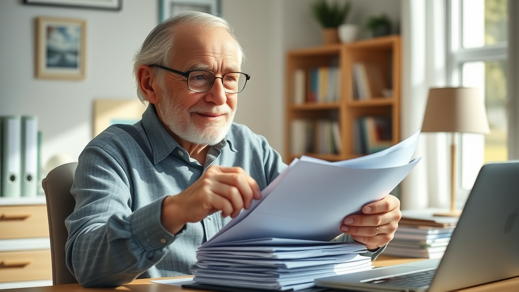 elderly man organizing Muskegon senior health coverage documents at his home office