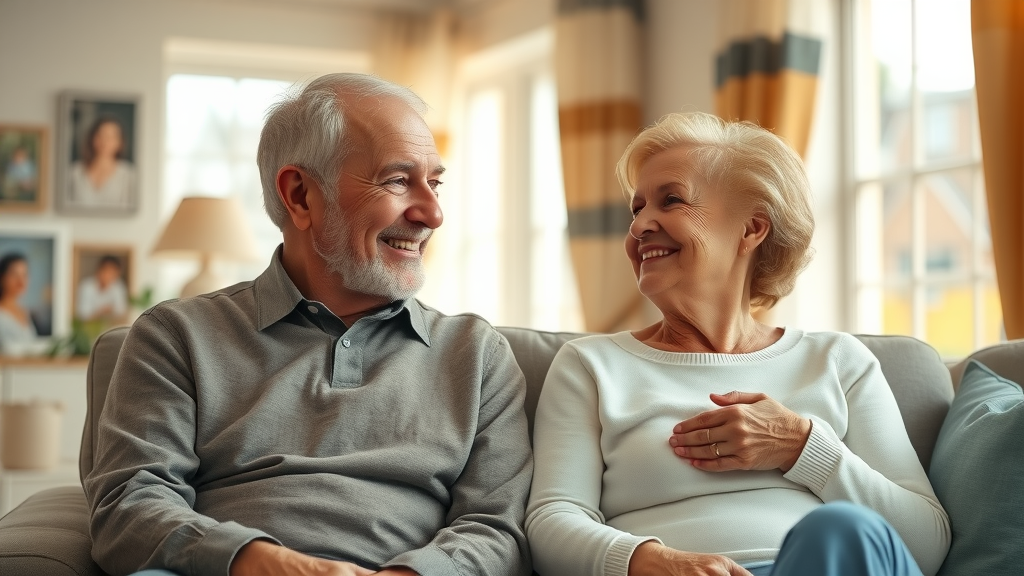 Warm, content elderly couple receiving Muskegon elder health services in a cozy home, smiling and comfortable