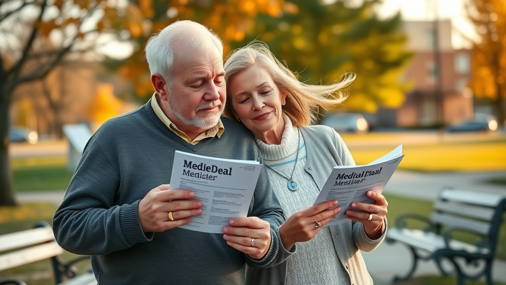 Senior couple in Muskegon reviewing their healthcare plans by the lakefront