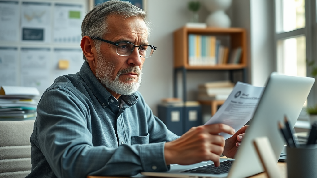 Determined senior man applying online for extra help with prescription drug costs through assistance programs