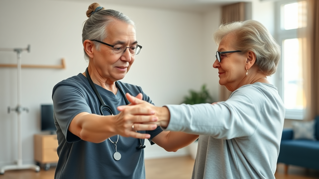 Attentive Muskegon physical therapy team assisting an elderly woman with mobility exercises at home, therapy tools in background