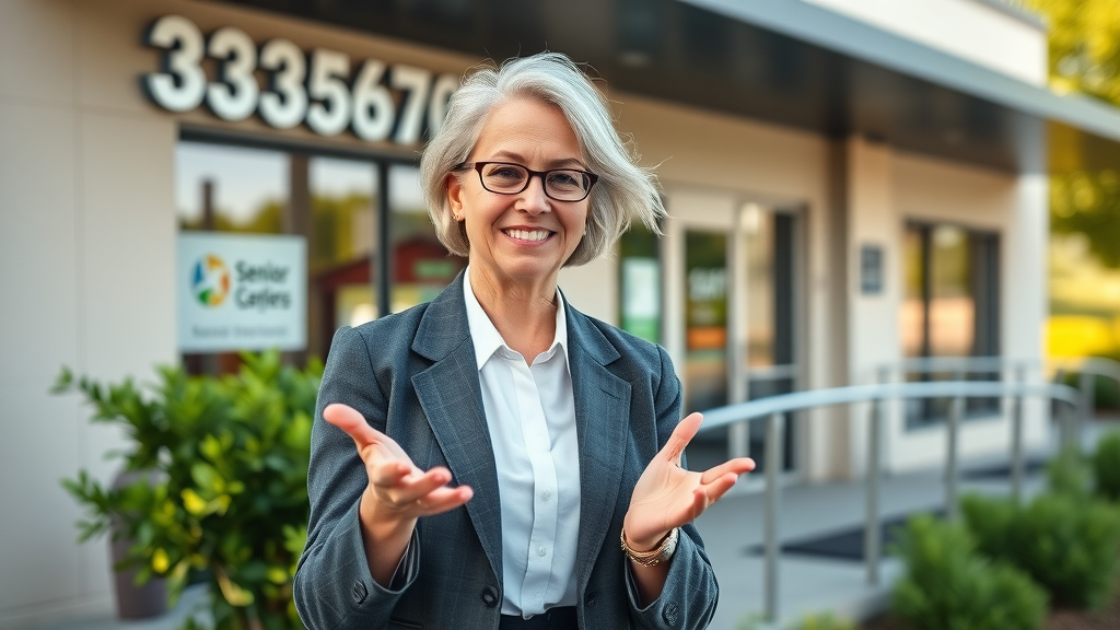 Friendly senior benefits consultant, TerriJo, outside the Integrity Senior Benefits office in Muskegon, MI, with modern building and clear signage.