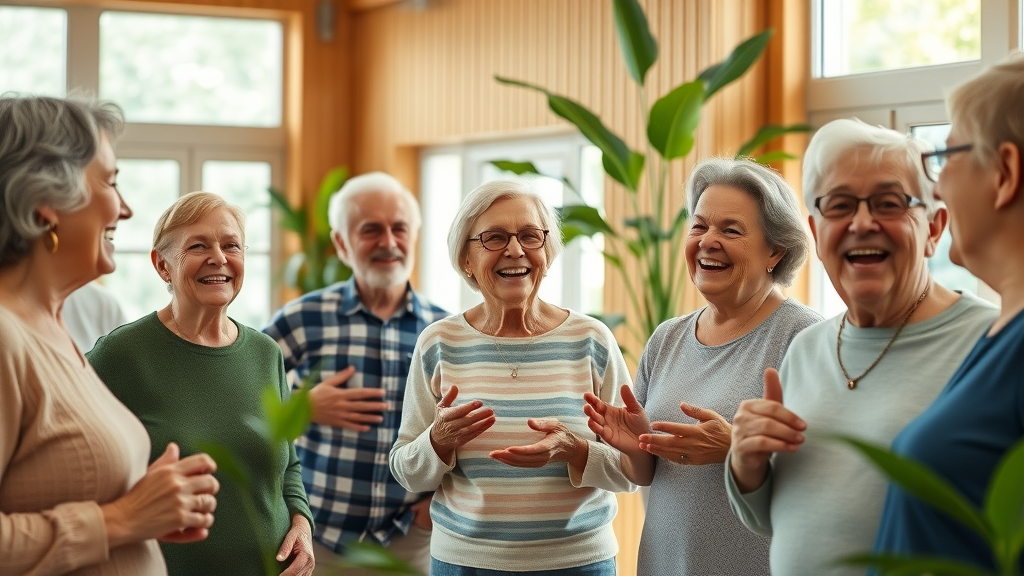 Energetic Muskegon seniors socializing for senior wellness at a sunny community center.