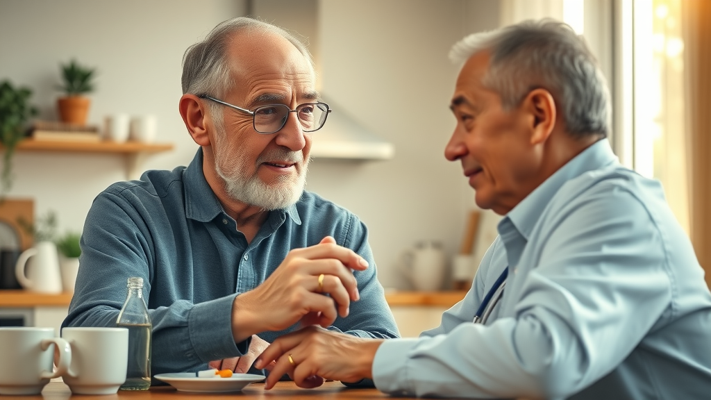 attentive caregiver assisting elderly man with medication in a Muskegon home care setting