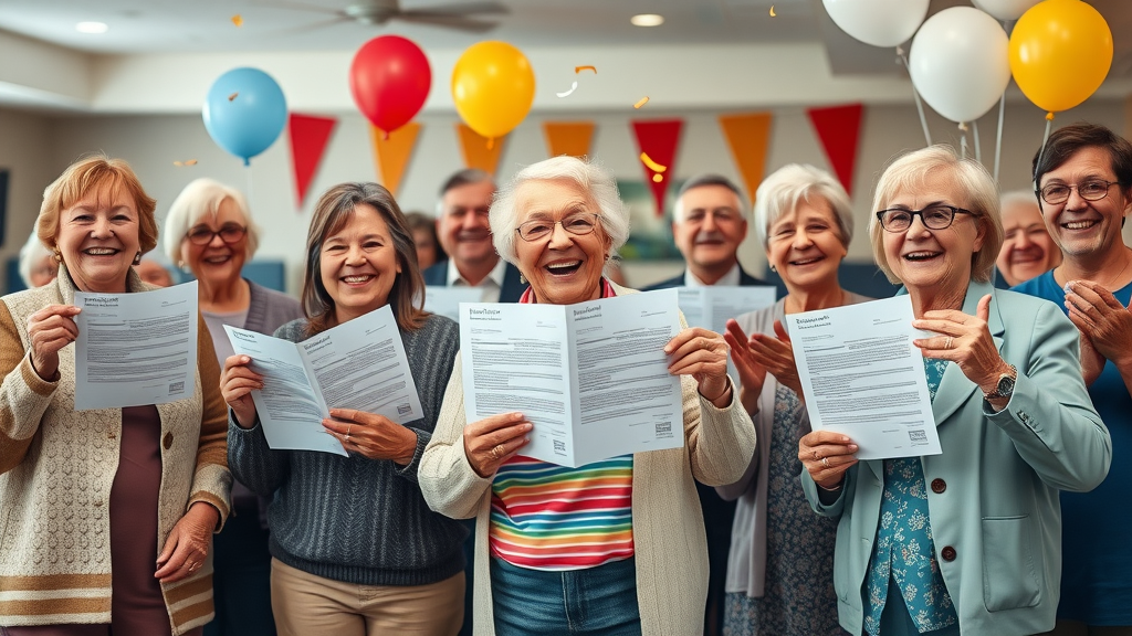 group of Muskegon seniors celebrating affordable health insurance coverage with insurance documents