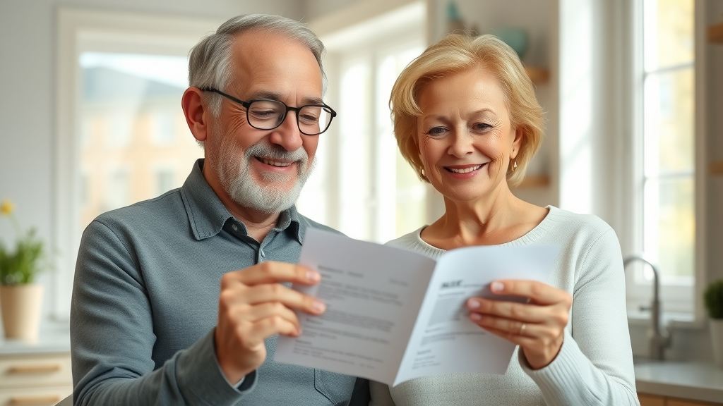 Smiling senior couple reviewing medication list for prescription drug programs for seniors in bright, inviting kitchen