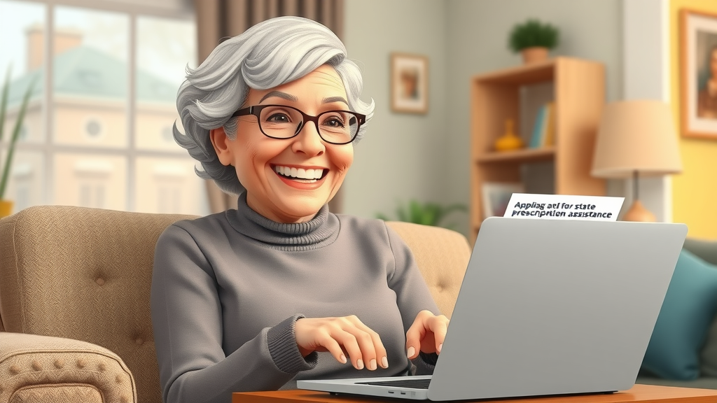 Senior woman applying online for Washington State prescription drug assistance program at home