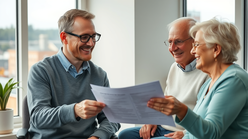 Professional local Medicare consultant advising a senior couple in Muskegon MI office, natural light, crisp detail, active listening, document sharing