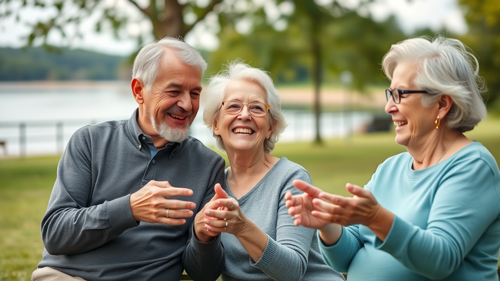 cheerful senior citizens discussing affordable health insurance Muskegon options outdoors by Muskegon Lake