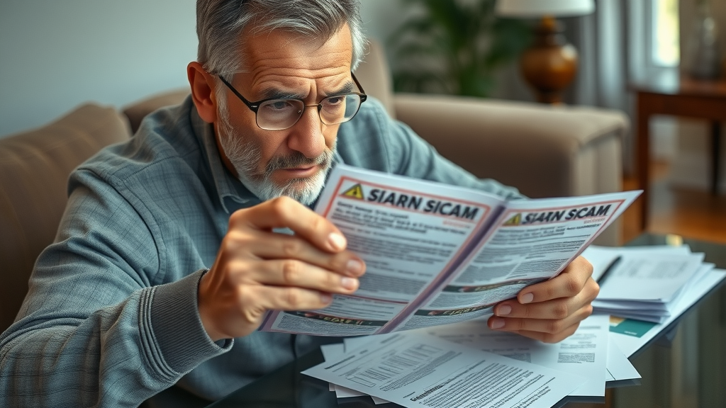 concerned senior man reviewing financial scam pamphlets related to Muskegon senior financial planning