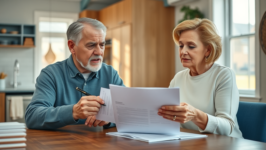Motivated senior couple reviewing healthcare benefit documents in their Muskegon home, planning with senior health benefits Muskegon