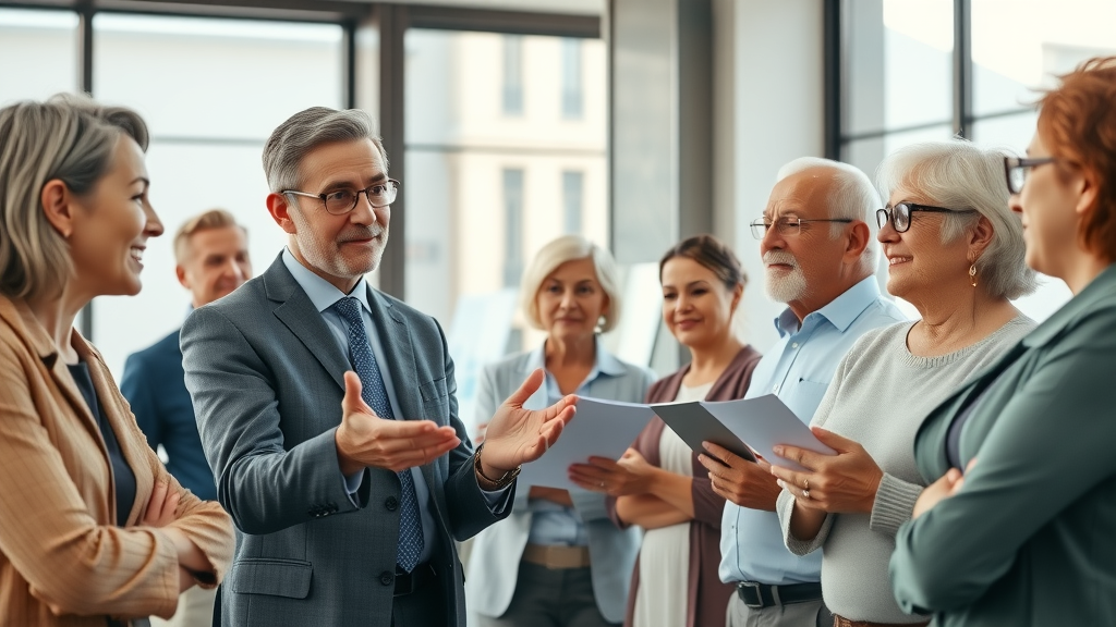 Confident Muskegon financial advisor explaining retirement benefits to diverse seniors, expert advice session, retirement benefits advice Muskegon