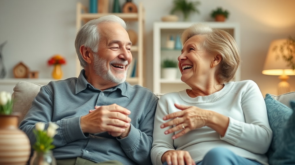 Joyful elderly couple experiencing Muskegon medical assistance at home, relaxing and laughing in a serene, personalized living room.