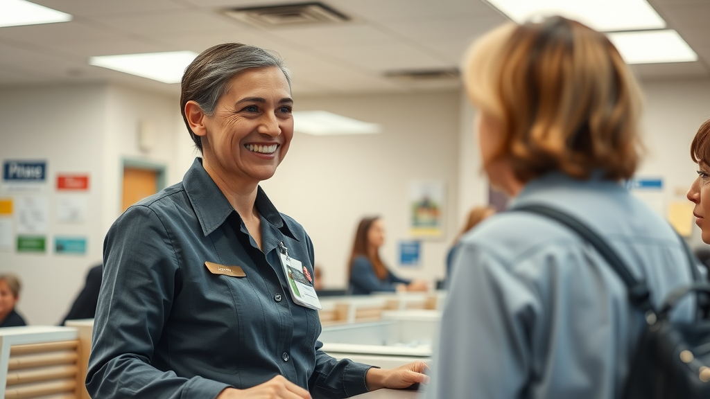 approachable staff at Muskegon social security office assisting applicants, professional, welcoming counter, lifelike photorealistic scene