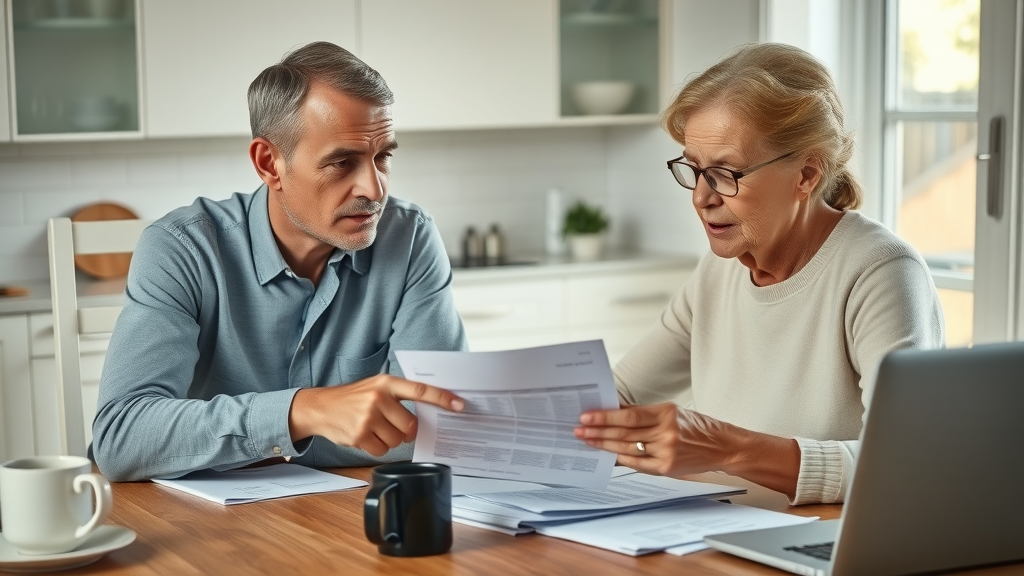 Muskegon elderly care at home - Finances: Attentive adult child discussing financial paperwork with elderly parent at a tidy kitchen table with documents and coffee mugs