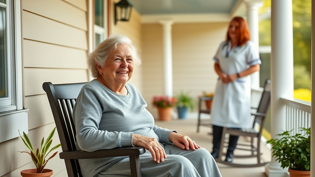 Muskegon County families trust home health aides - senior enjoying companionship on porch in Spring Lake