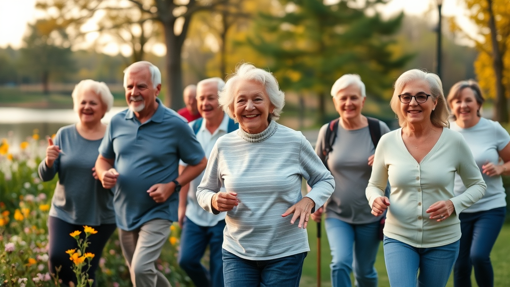 Smiling active older adults enjoying a wellness program activity in Muskegon, walking together in a scenic lakeside park during golden hour.