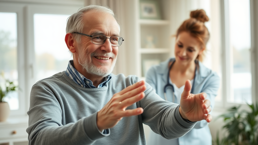 Senior patient doing light recovery exercises with Muskegon caregiver, bright optimism