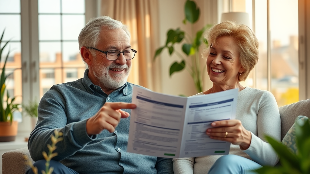 Eligibility requirements for senior healthcare benefits Muskegon - relaxed senior couple reviewing health benefit documents at home with Muskegon cityscape in the background