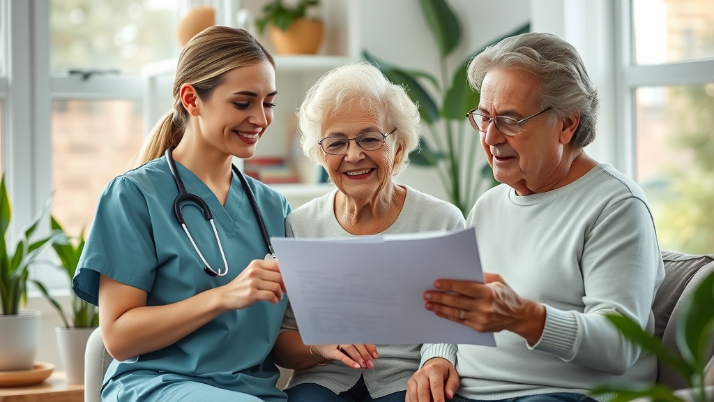 Professional Muskegon nurse discussing care plan with senior couple in bright home environment