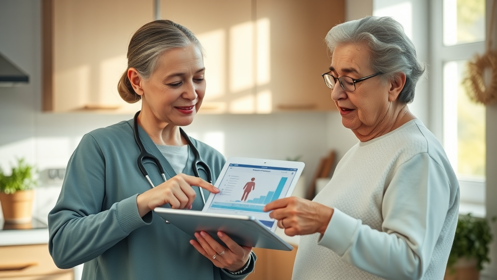 caregiver explaining chronic illness home care plan and medication chart in Muskegon to patient in their home