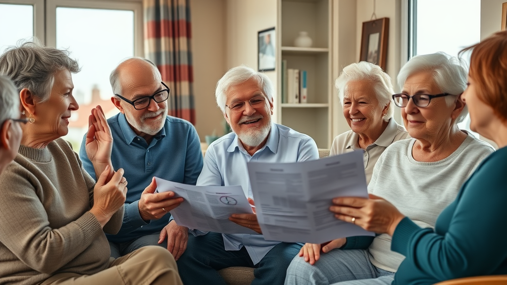 Diverse group of Muskegon seniors reviewing Medicare Advantage plan options in a cozy home