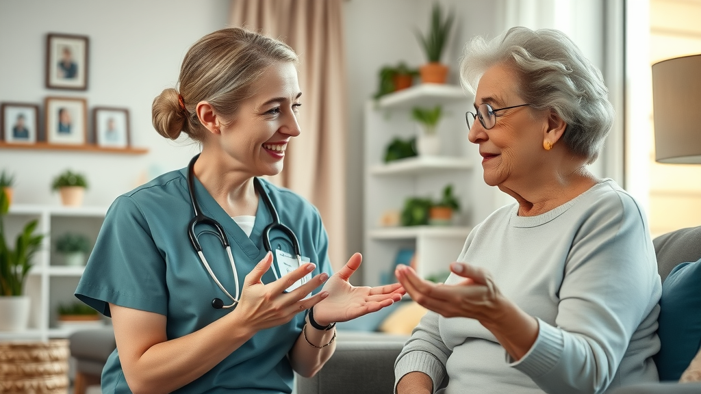 healthcare worker discussing Muskegon senior health coverage with older adult woman in a comfortable home setting