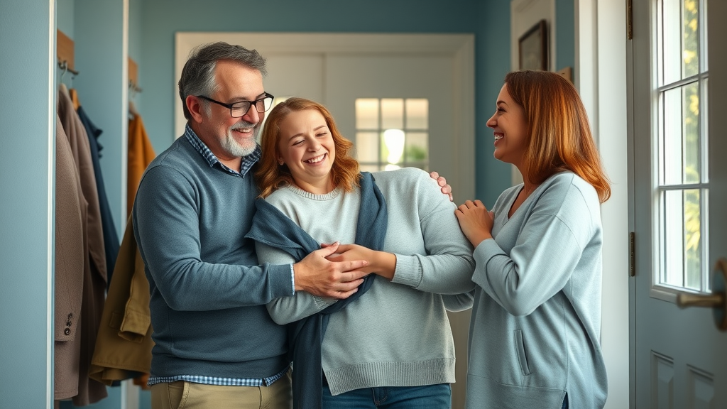 Relieved Muskegon family smiling with trusted home care provider, showing gratitude and peace of mind