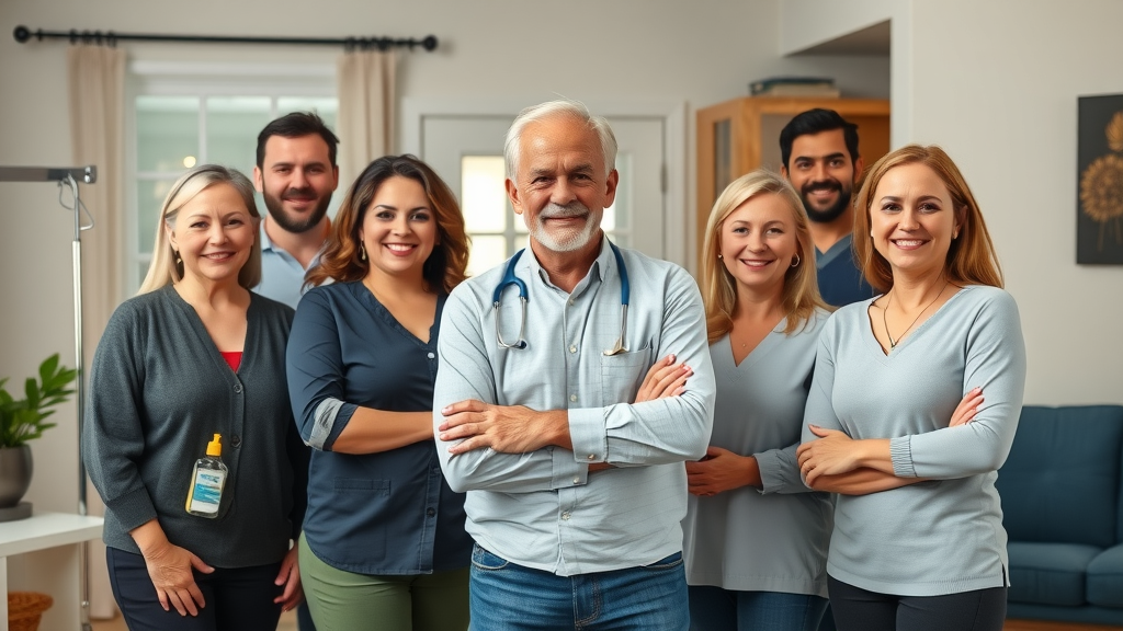 Trusted Muskegon physical therapy team, approachable and diverse, professional, posing confidently in a home environment with therapy tools