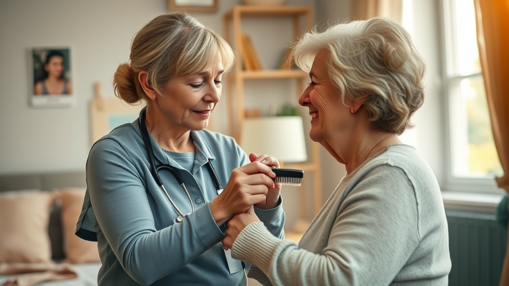 Caring home aide providing Muskegon medical assistance at home by assisting elderly woman with gentle hair brushing in a cozy, well-lit bedroom.