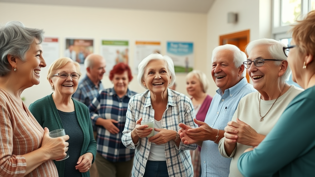 Muskegon community health services for seniors - inviting senior community gathering, smiling diverse seniors socializing in bright community center