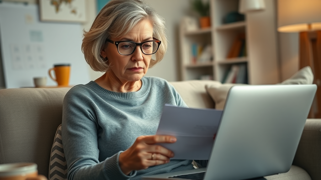 senior woman reviewing senior prescription coverage Muskegon enrollment documents at home