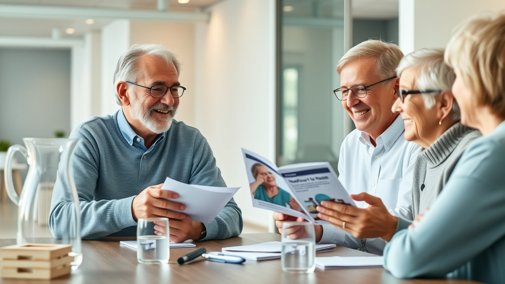 Friendly seniors discussing Muskegon Medicare Advantage plans in a bright modern office