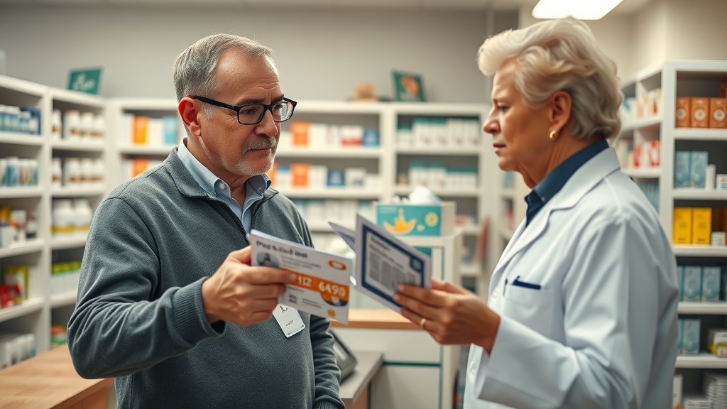 attentive pharmacist assisting a senior customer, showing a discount card and medication, Muskegon pharmacy, organized shelves, prescription discount cards Muskegon