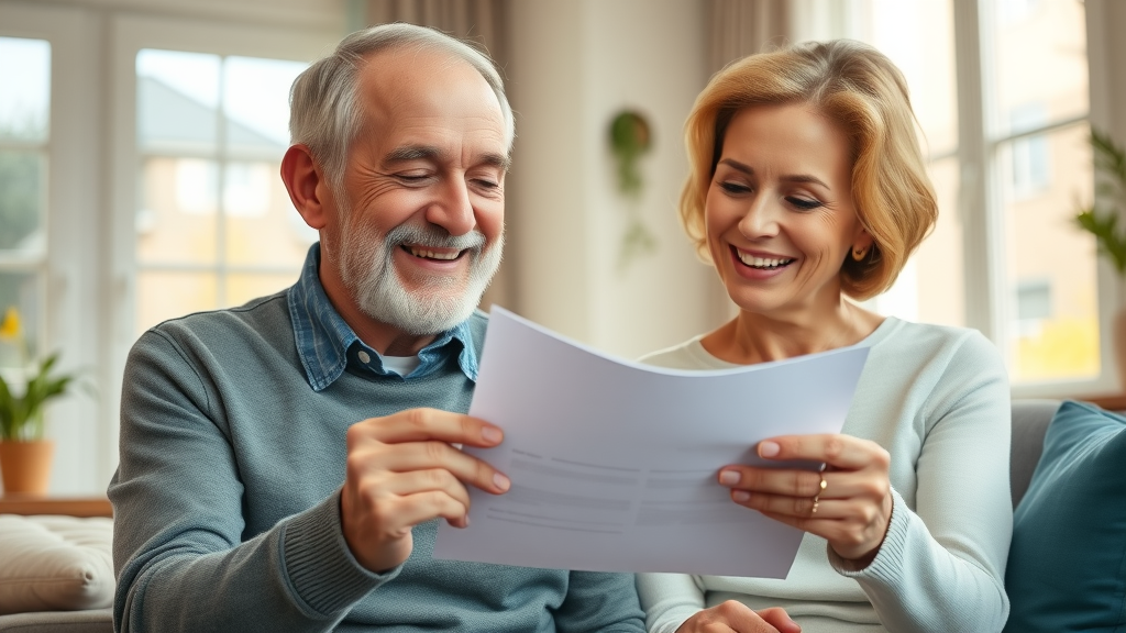 hopeful senior couple reviewing Muskegon senior assistance programs paperwork at home, warm living room, natural sunlight