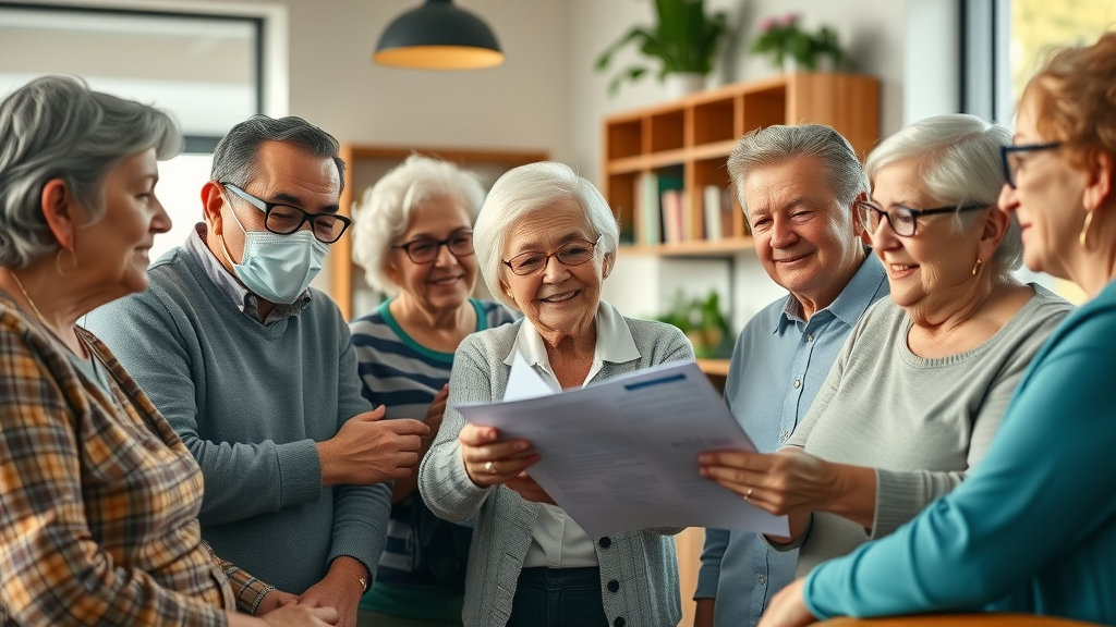 diverse group of seniors consulting an advisor about prescription discounts, modern Muskegon community center, prescription discount cards Muskegon