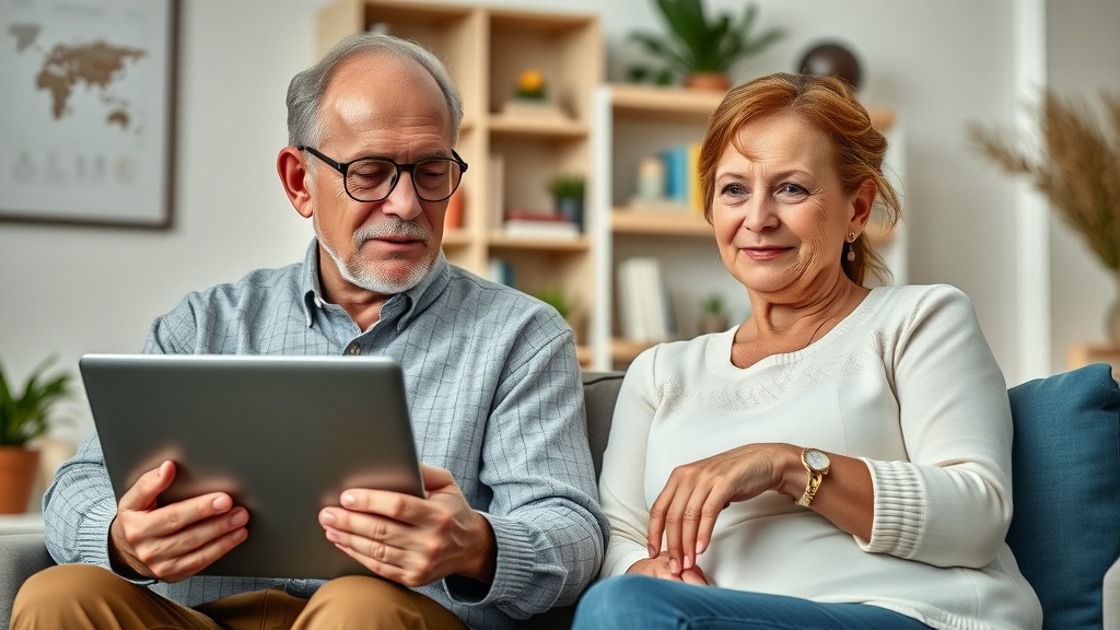 Older Muskegon couple enrolling in Medicare Advantage plans on a laptop in a sunny home office
