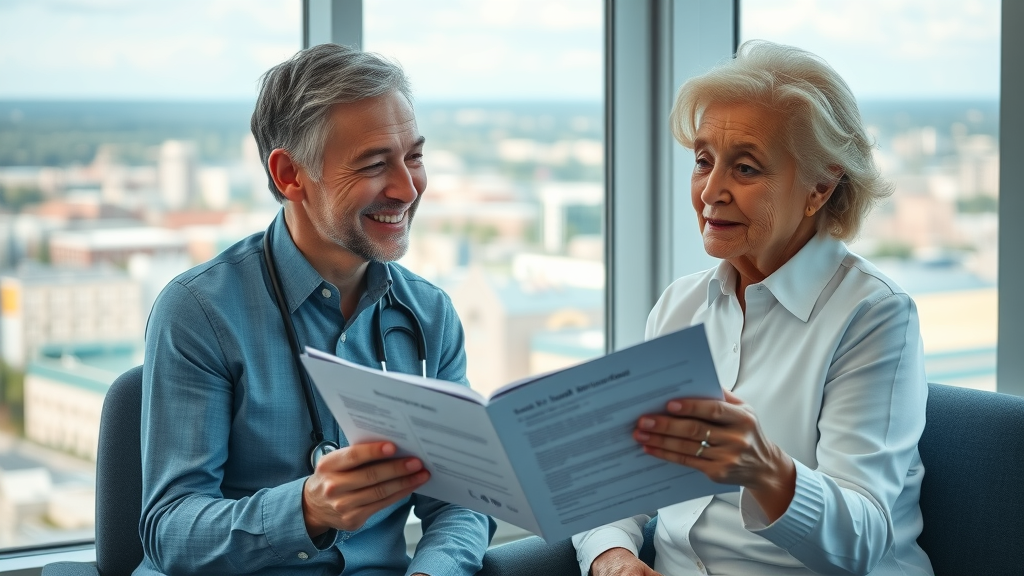 Muskegon senior health insurance friendly healthcare agent explains insurance options to smiling senior