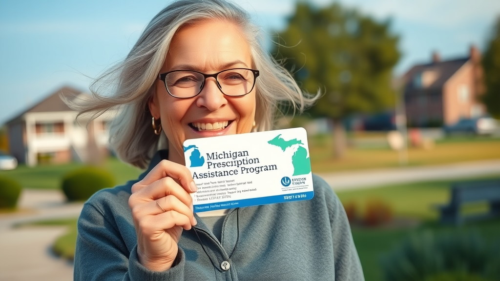 senior woman holding up a Michigan Prescription Assistance Program card, outdoor Muskegon local park background, prescription assistance program Muskegon