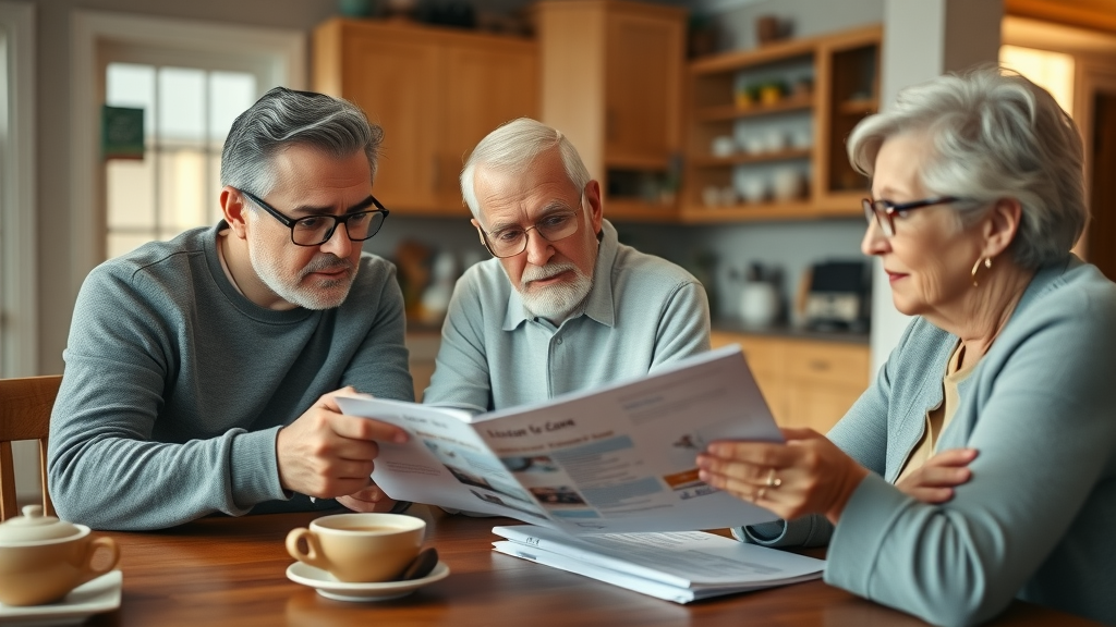 Home care options Muskegon: Thoughtful family, adults and seniors, reviewing care options together at a kitchen table with local brochures, documents, and warm atmosphere