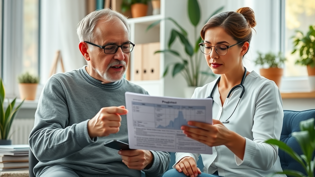 Professional Muskegon home care services consultation with patient and therapist reviewing personalized treatment plan on a digital tablet