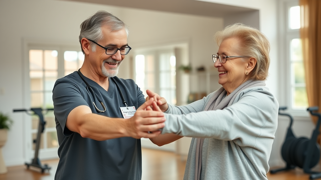 In-home medical care Muskegon: Physical therapist guiding elderly patient through gentle exercises at home