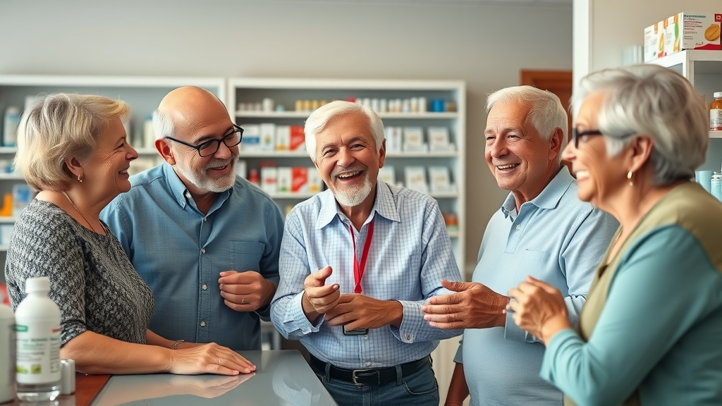 compassionate group of seniors at Muskegon pharmacy discussing senior prescription coverage Muskegon
