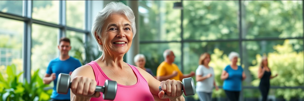 Muskegon senior wellness class with happy elderly woman during group fitness.