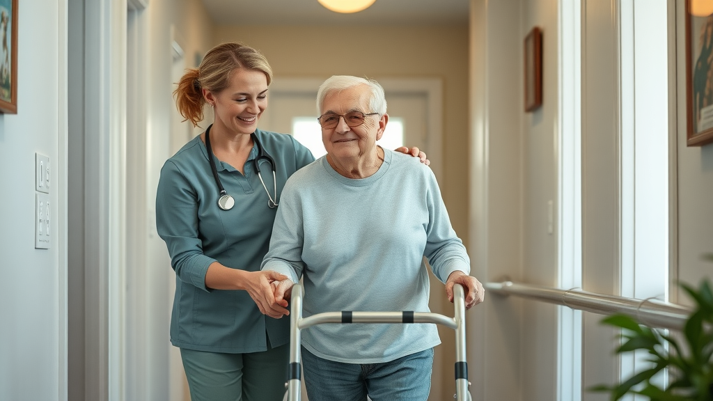 Friendly caregiver providing Muskegon medical assistance at home, helping senior client with walker in a tidy, accessible home with safety features.