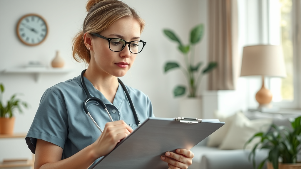 Muskegon home healthcare professional assessing senior’s care needs in a comfortable home environment