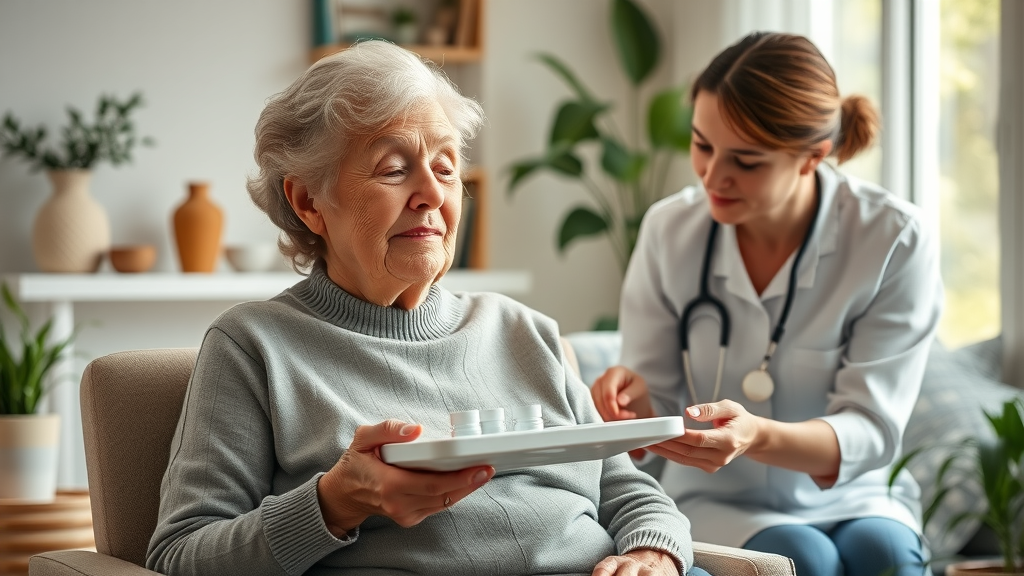 elderly medication help Muskegon - senior woman with caregiver assisting with medication tray in cozy Muskegon home